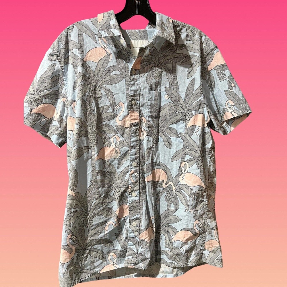 American Eagle Men's Shirt Size M Flex Flamingo Short Sleeve Button Down Shirt